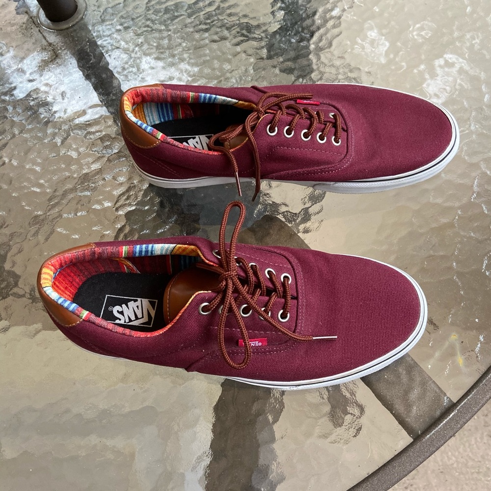 Vans Maroon Canvas Tan Leather Loafers Sneakers